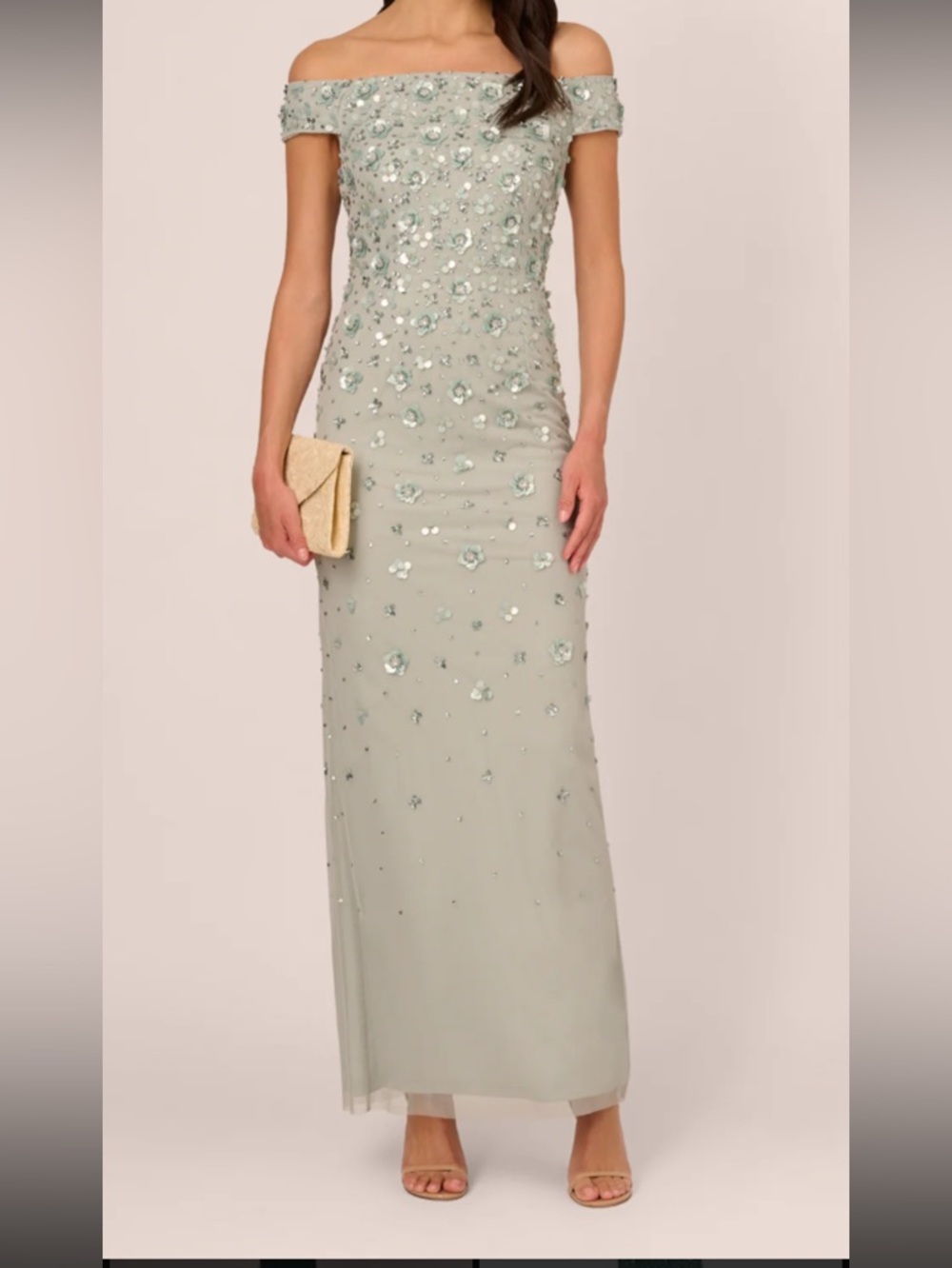 Adrianna Papell Light Sage Off-Shoulder Embellished Maxi Dress